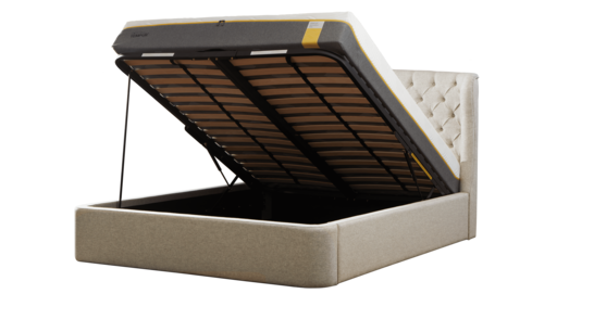 A Tempur bed with the mattress raised showing the storage underneath