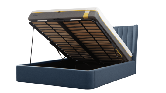 A Tempur bed with the mattress raised showing the storage underneath