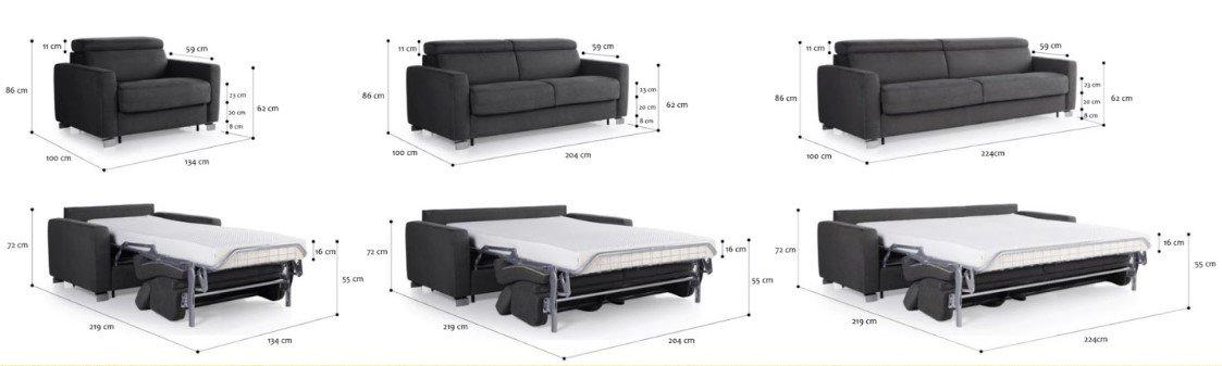 rozkładana sofa TEMPUR Altamura w różnych wariantach i z ukazaniem sposobów rozkładania i wymiarów